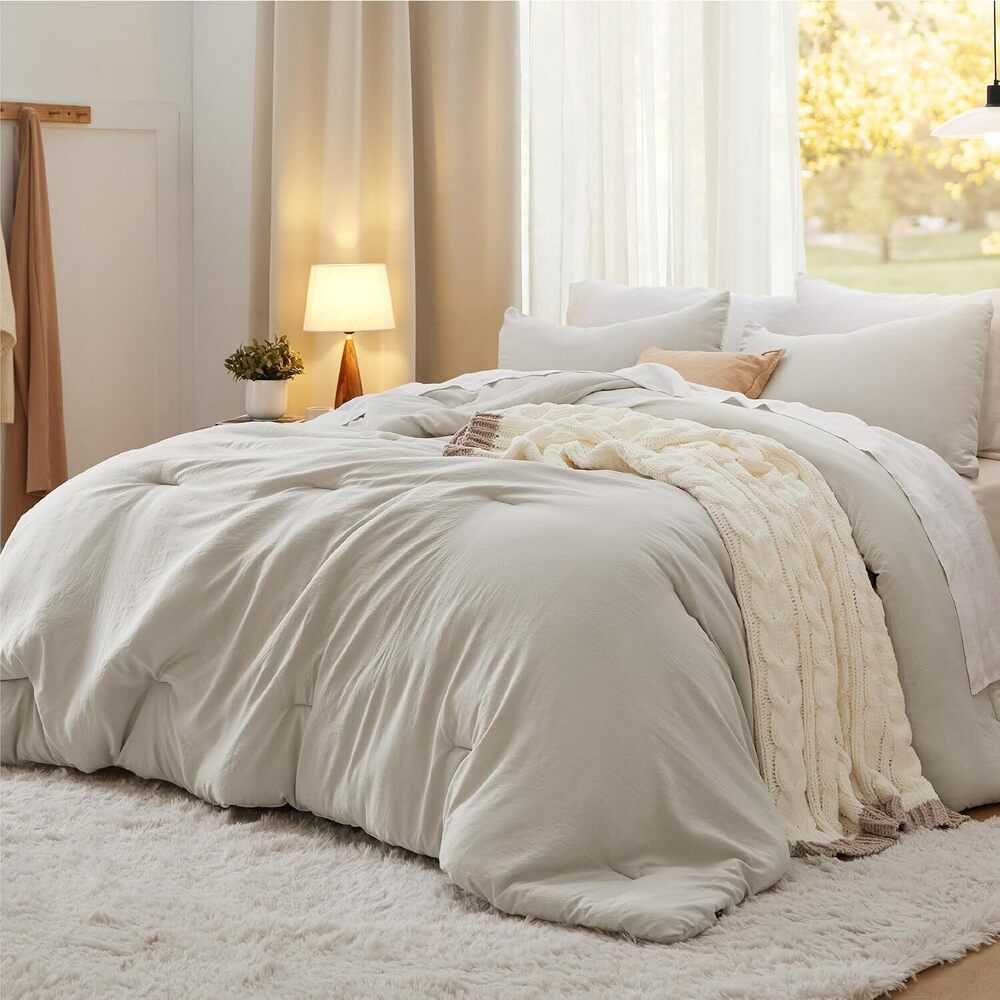King Comforter Set, Beige Soft Prewashed Bedding for All Seasons, 3
